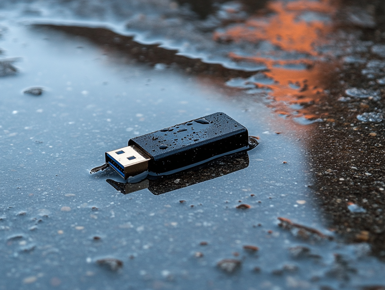 USB-minne ligger i vattenpöl.