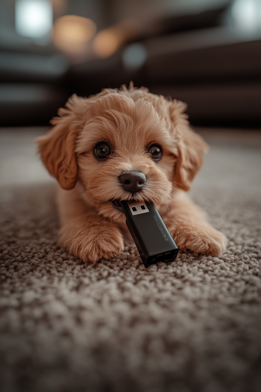 Hundvalp tuggar på ett USB-minne.